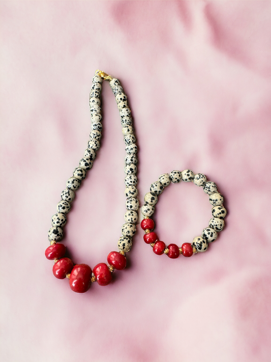 Dalmatian Jasper and Red Coral Jewelry Set