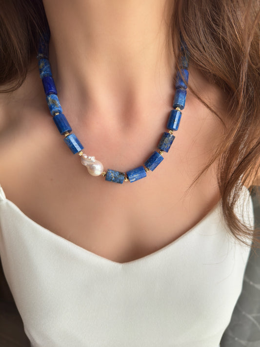 Lapis Lazuli and Baroque Pearl Necklace