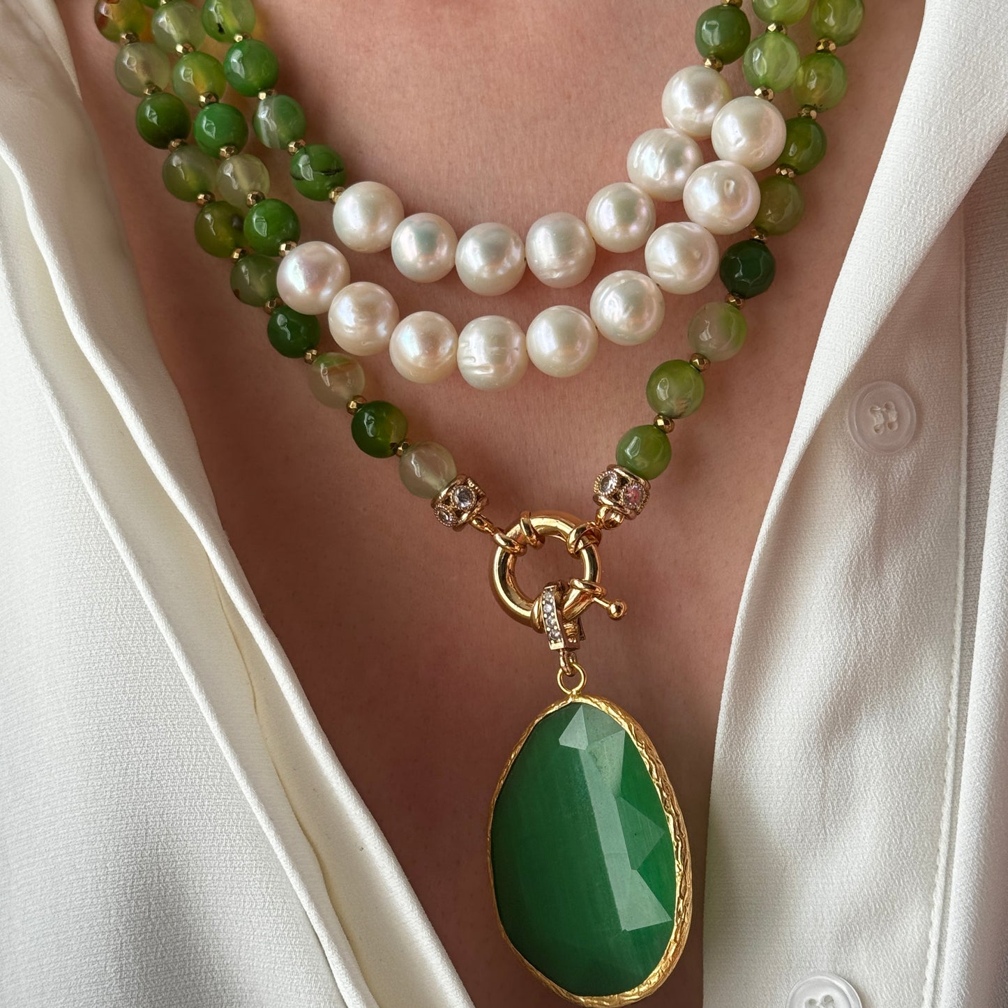 Green Agate & Pearl Necklace