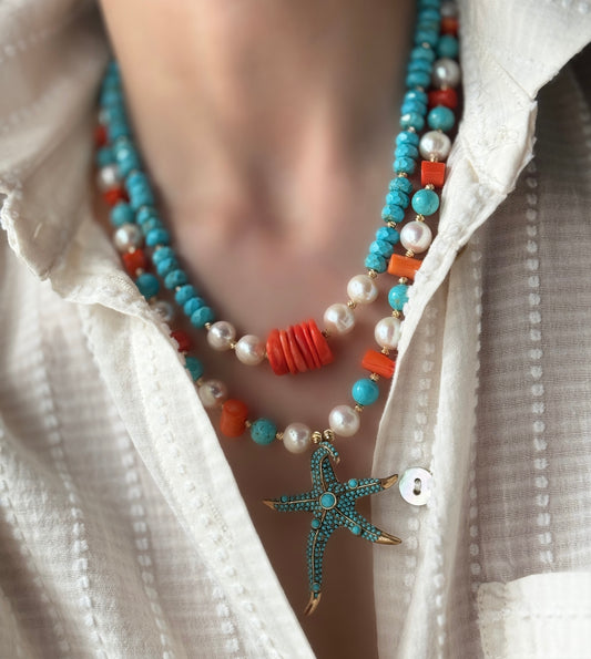 Turquoise Pearl Coral Jewelry Set