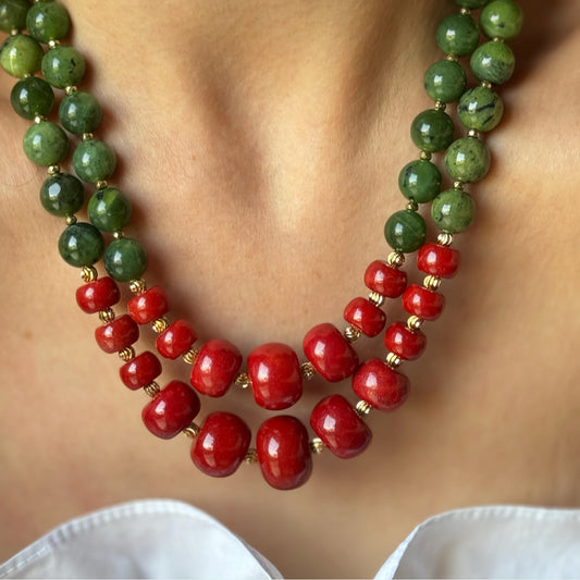 Red Coral Necklace, Handmade Deep Green Jade Necklace for Women ( two strands)