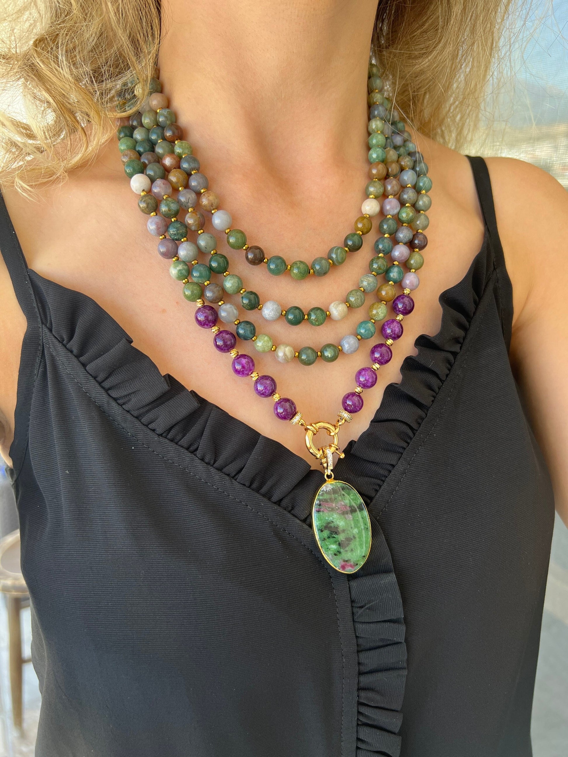 Agate Necklace, Green and Purple Gemstone Necklace, Statement Necklace, Handmade Wife Birthday Gift, Pendant Necklace