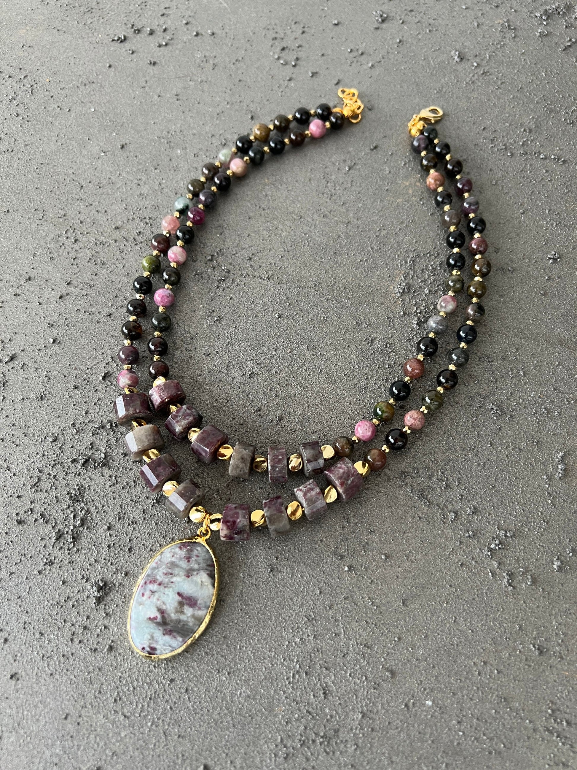 Tourmaline Necklace, Unique Beaded Handmade Jewelry, Gemstone Jewelry, Christmas Gift for Women, Choker Pendant Necklace, Big Bold Statement
