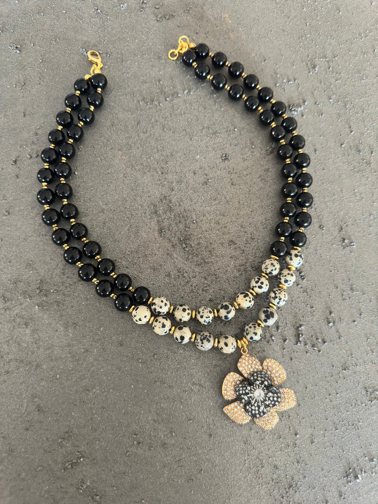 Gemstone Necklace, Jasper and Onyx Multi-strand Jewelry, Big Flower Necklace for Birthday Gifts, Handmade Statement Necklace