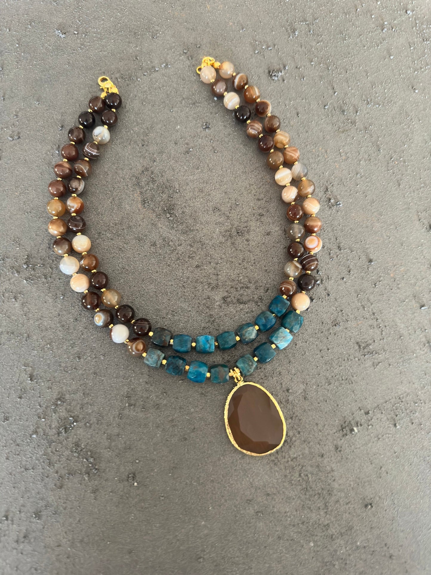 Gemstone Necklace, Beaded Agate and Apatite Jewelry for Women, Handmade Brown Blue Birthday Gift for Women, Unique Design