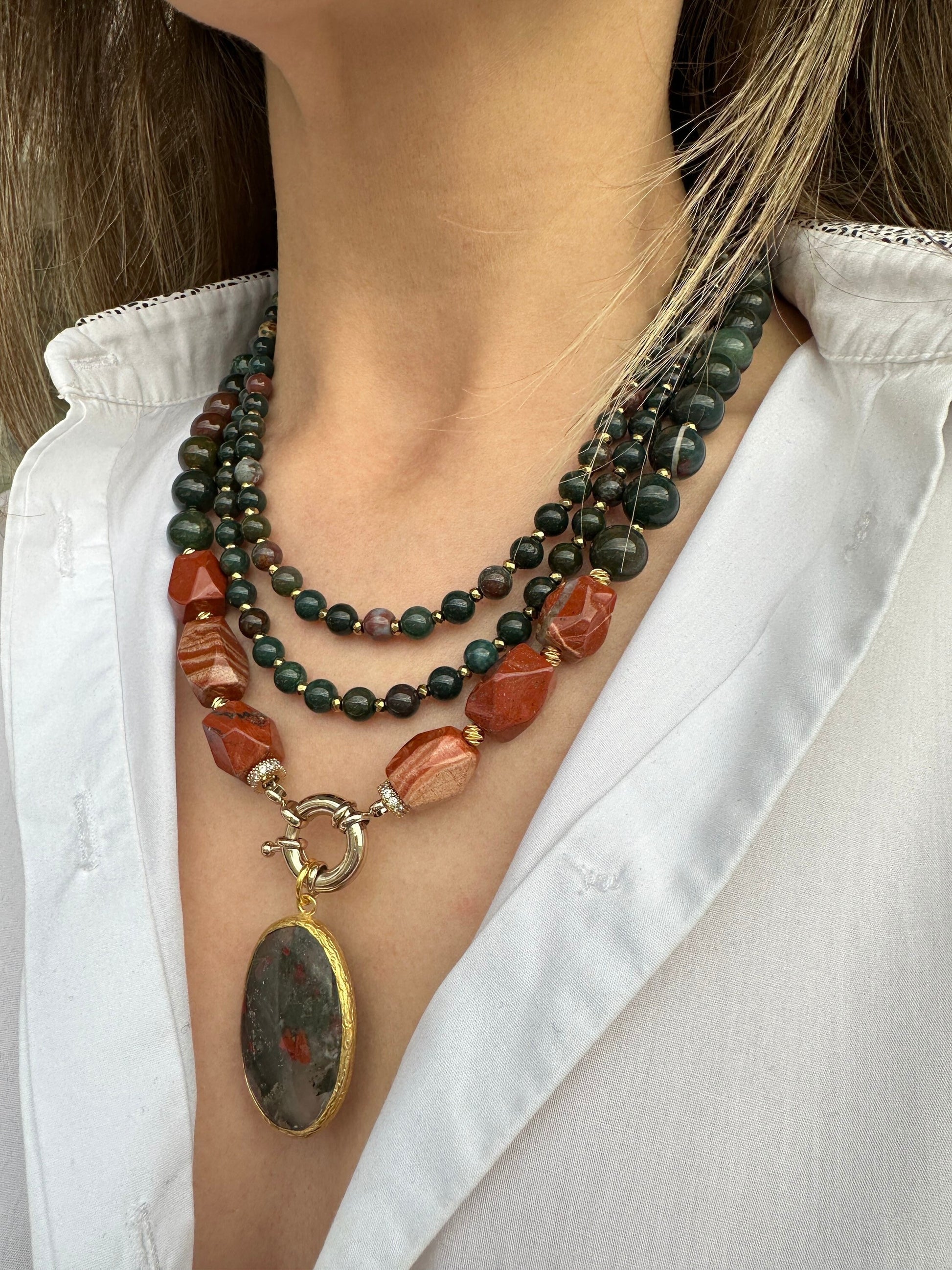 Blood Stone Necklace, Dark Green Multistrand Jewelry for Special Gifts, Handmade Jasper Statement Neclace, Beaded Gemstone Gifts