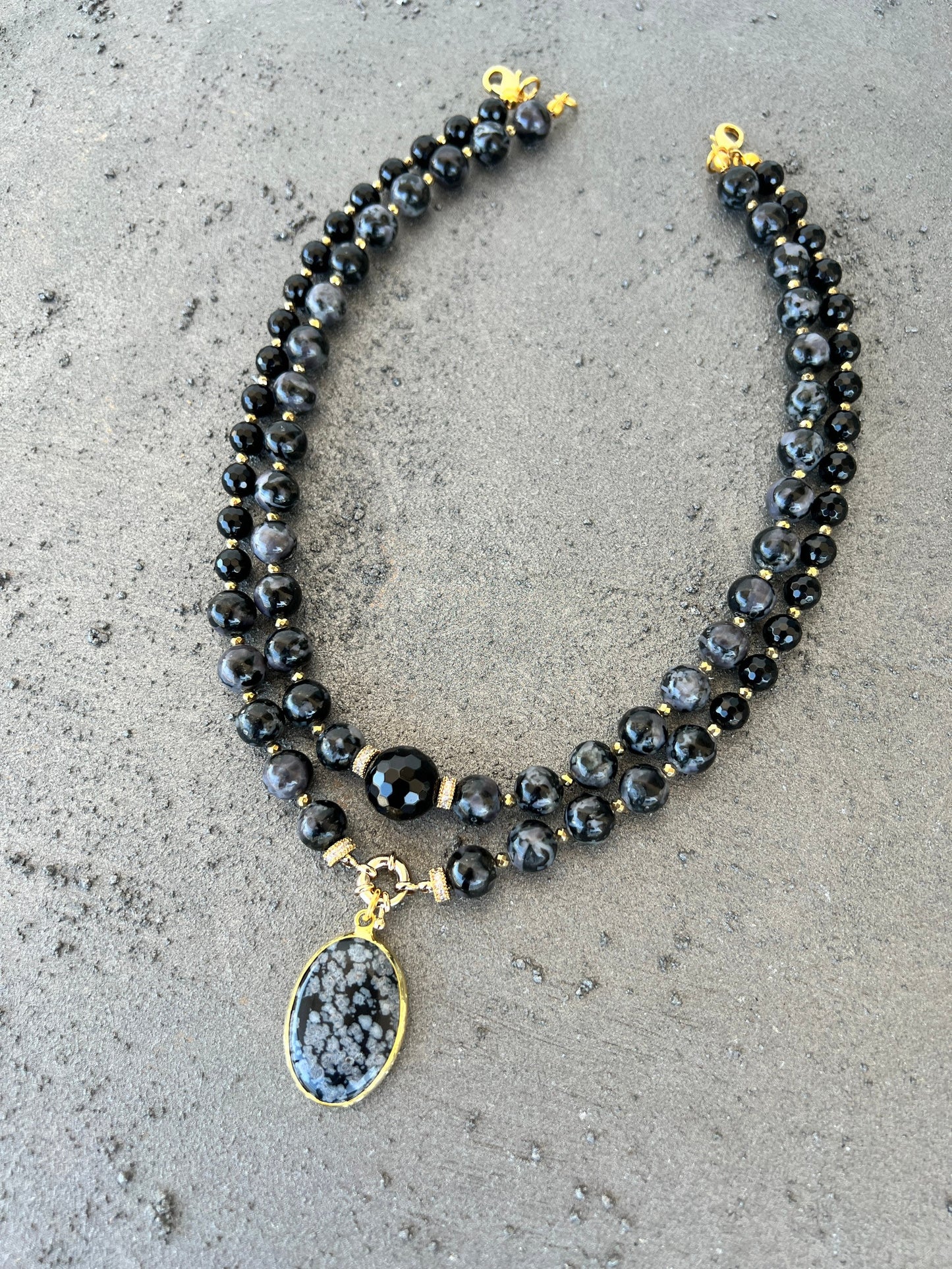 Obsidian Necklace, Beaded Black and Grey Gemstone Necklace, Onyx Jewelry, Birthday Gift, Scorpio Necklace, Handmade Statement Necklace