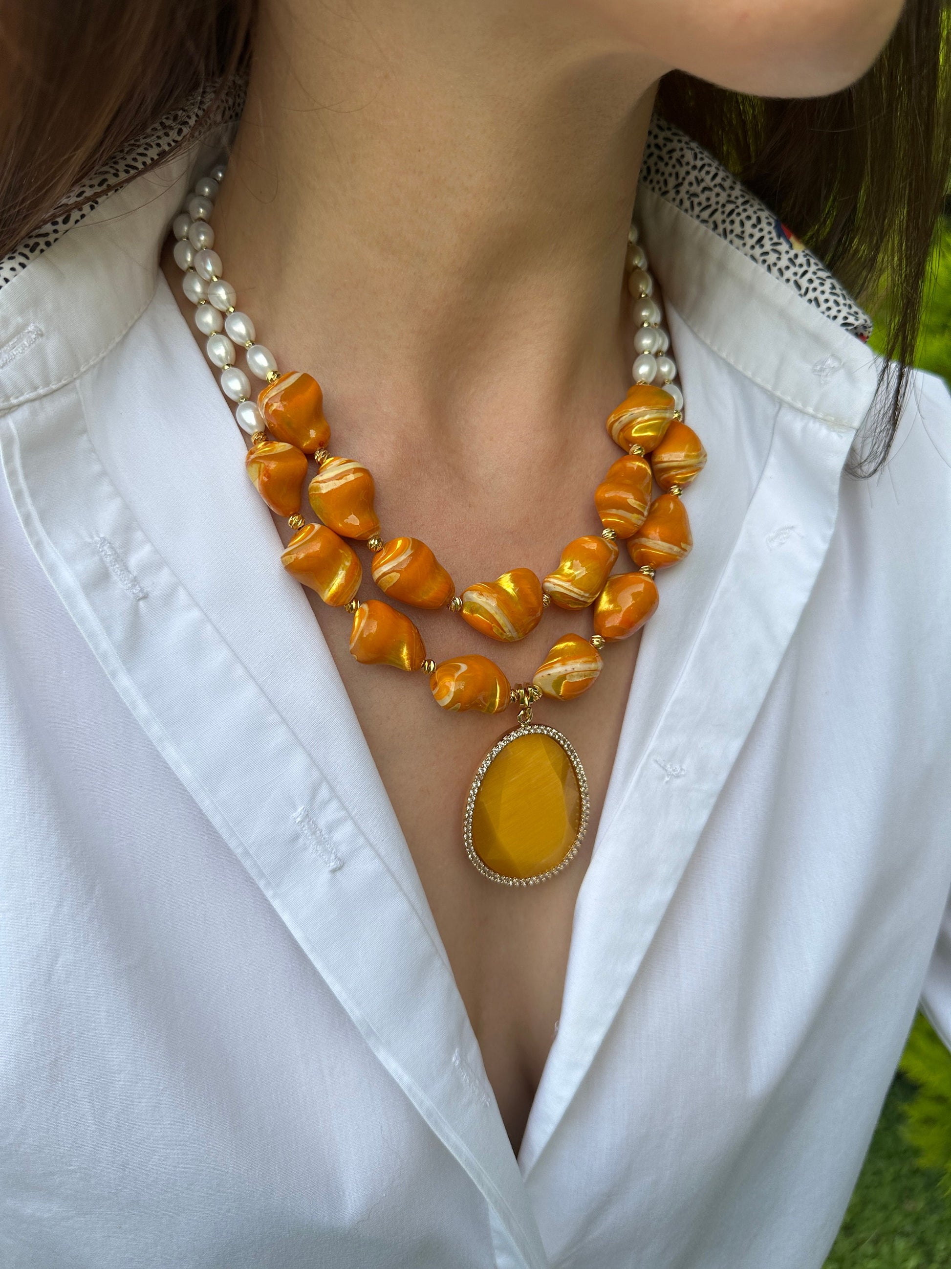 Pearl Necklace, Hot Yellow Shell Necklace, Beaded Handmade Jewelry, Statement Necklace for Birthday Gift, Summer Jewelry