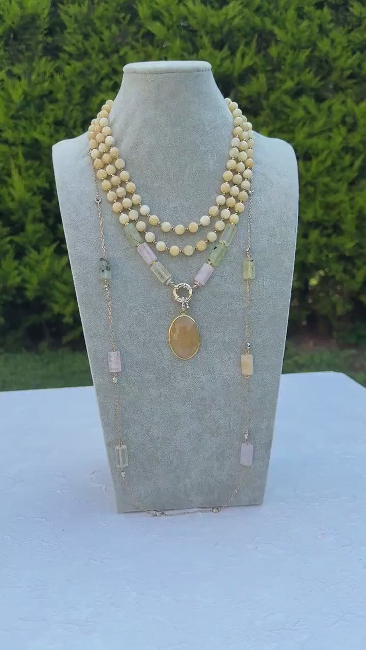 Calcite Necklace, Yellow Summer Jewelry, Multistrand Statement Necklace, Mix Stone Long Chain Necklace, Handmade Gemstone Necklace for Women