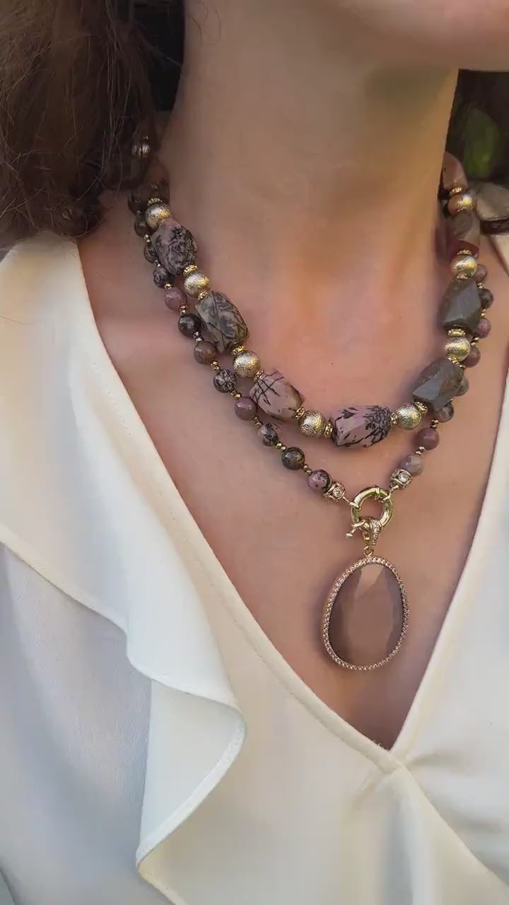Rhodonite Stone Summer Necklace, Unique Design, Handmade Statement Necklace, Special Day Gift, Pink Brown Gemstone Jewelry