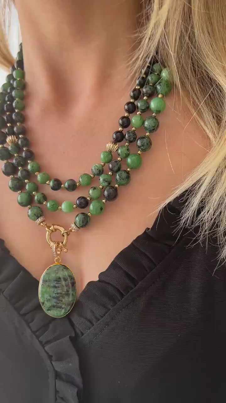 Ruby Zoisite Necklace, Green Gemstone Jewelry, Crystal Jewelry, Statement Necklace, Gift