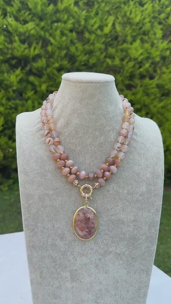 Agate Necklace, Handmade Sun Stone Jewelry, Unique Birthday Gift for Wife, Big Bold  Statement Necklace, Summer Jewelry, Pink Gemstone Jewel
