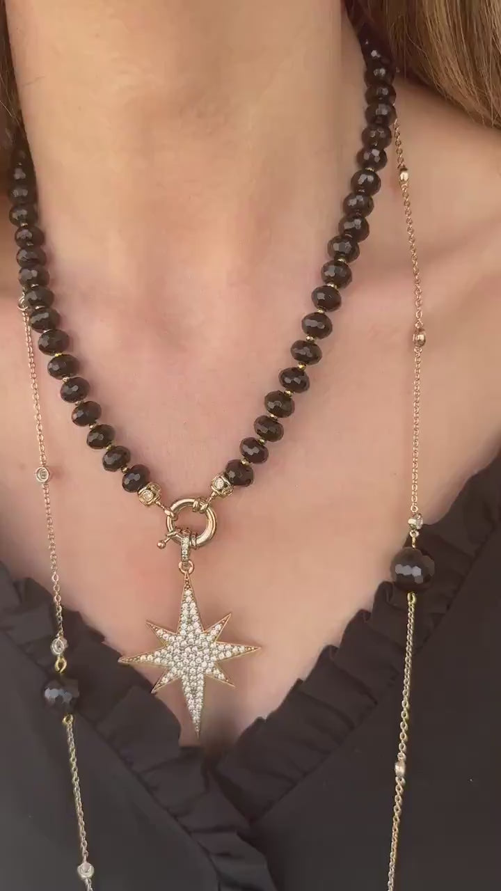 Onyx Necklace, Unique Gemstone Jewelry with Chain, Pole Star Necklace for Women, Black Onyx for Birthday Gift