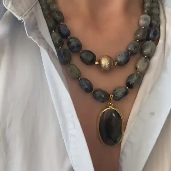 Labradorite Necklace, Gray and Dark Blue Sodalite Necklace, Beaded Handmade Gemstone Jewelry, Sodalite Necklace, Birthday Gift for Women