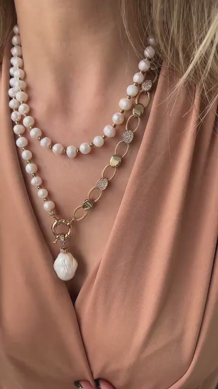 Pearl Necklace, Unique Baroque Pendant Pearl Jewelry with Zircon Chain, Handmade Statement Necklace for Christmas Gift, Layered Pearl Jewel