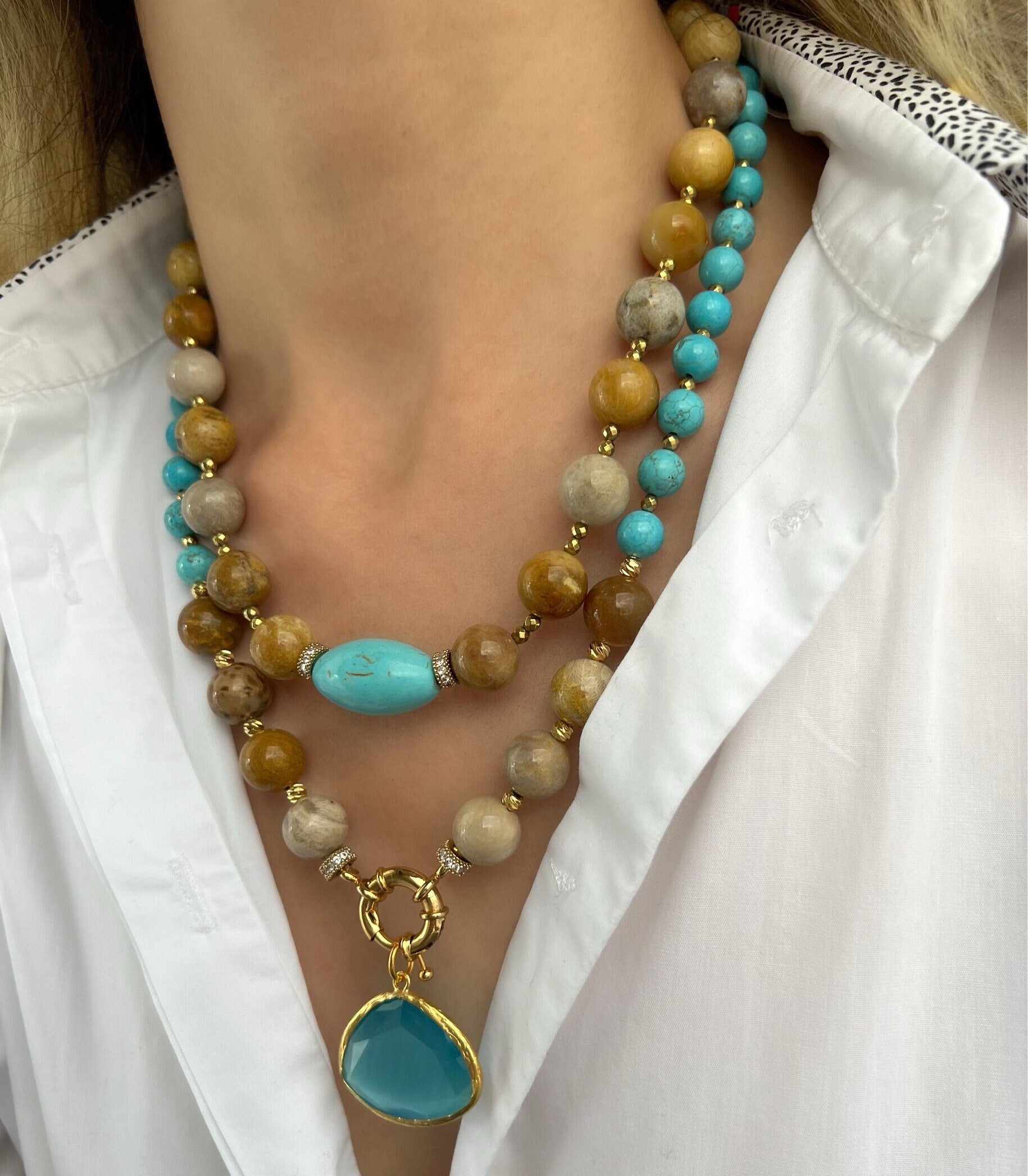 Turquoise and Jasper Necklace, Handmade Jewelry, Big Bold Turquoise Jasper Jewelry, Statement Necklace, Beaded Gemstone Necklace