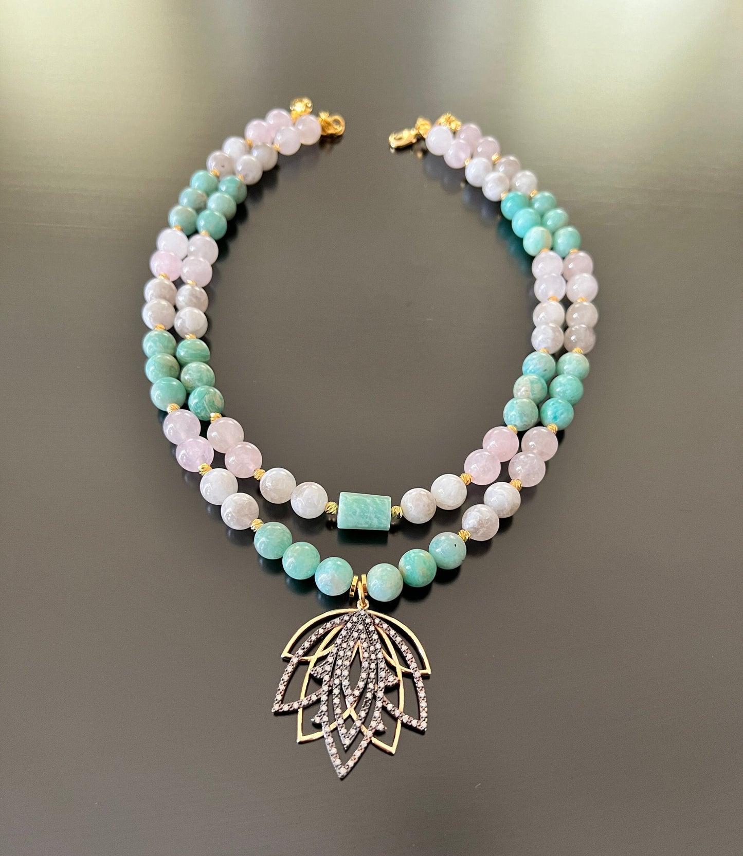 Mix Crystal Necklace, Beaded Moon Stone,Rose Quartz,Amazonite Necklace, Lotus Pendant Jewelry, Statement Necklace for Women, Gifts