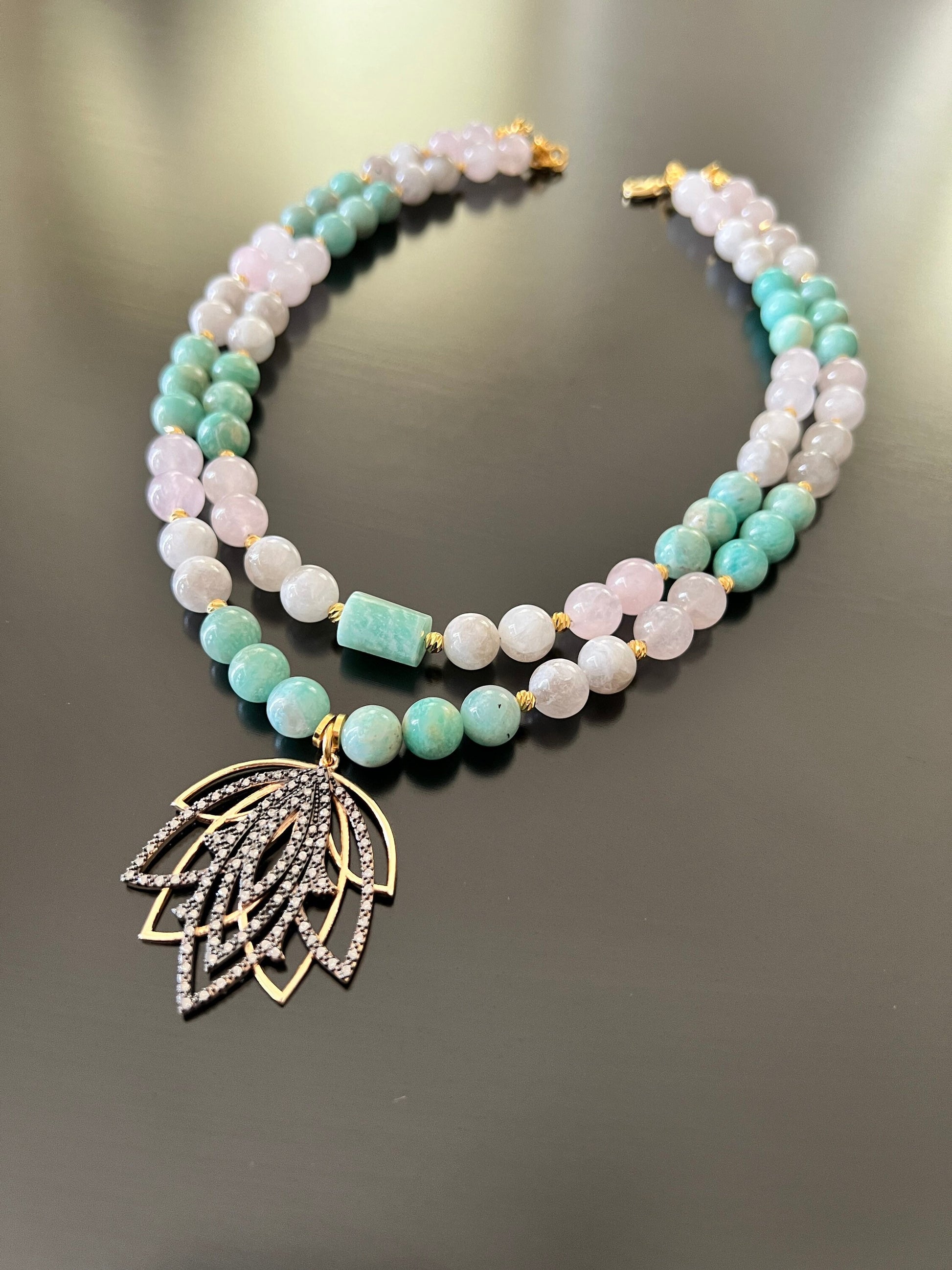 Mix Crystal Necklace, Beaded Moon Stone,Rose Quartz,Amazonite Necklace, Lotus Pendant Jewelry, Statement Necklace for Women, Gifts