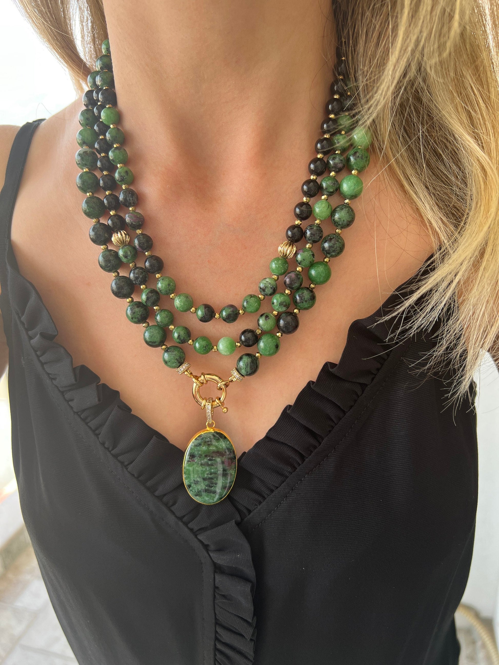 Ruby Zoisite Necklace, Green Gemstone Jewelry, Crystal Jewelry, Statement Necklace, Gift