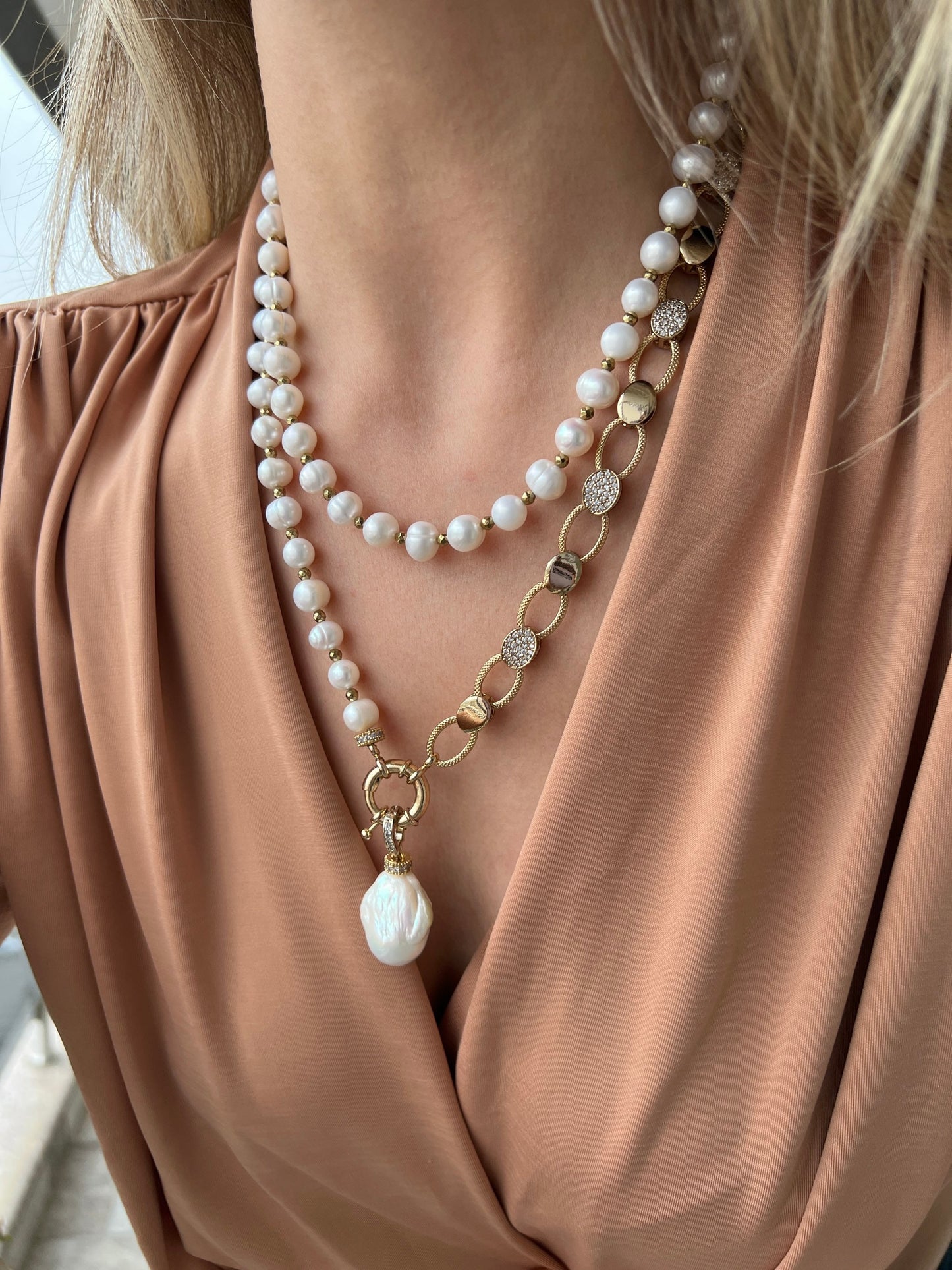 Pearl Necklace, Unique Baroque Pendant Pearl Jewelry with Zircon Chain, Handmade Statement Necklace for Christmas Gift, Layered Pearl Jewel