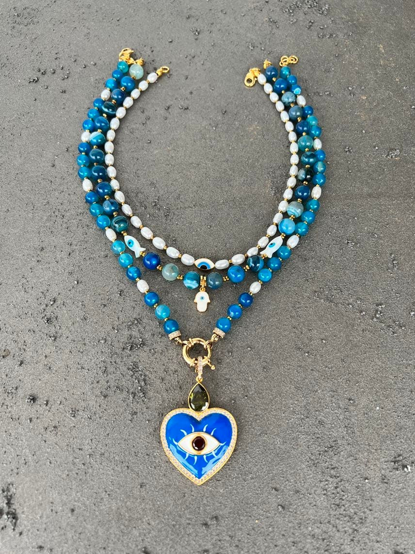 Agate and Pearl Necklace, Multistrand Statement Necklace, Evil Eye Necklace for Her, Birthday Gift, Blue Gemstone Jewelry