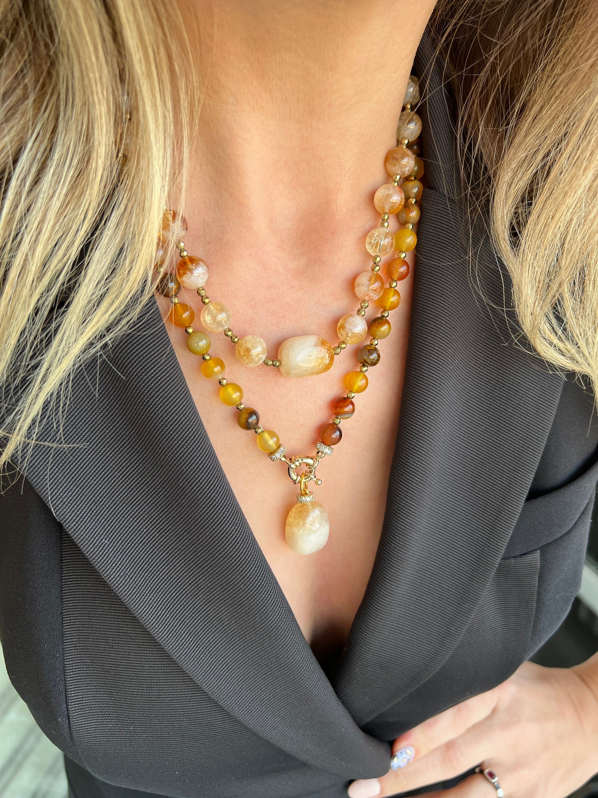 Citrine Necklace, Unique Citrine and Yellow Agate Necklace, Beaded Handmade Gemstone Jewelry, Christmas Gift for Women, Beaded Gifts