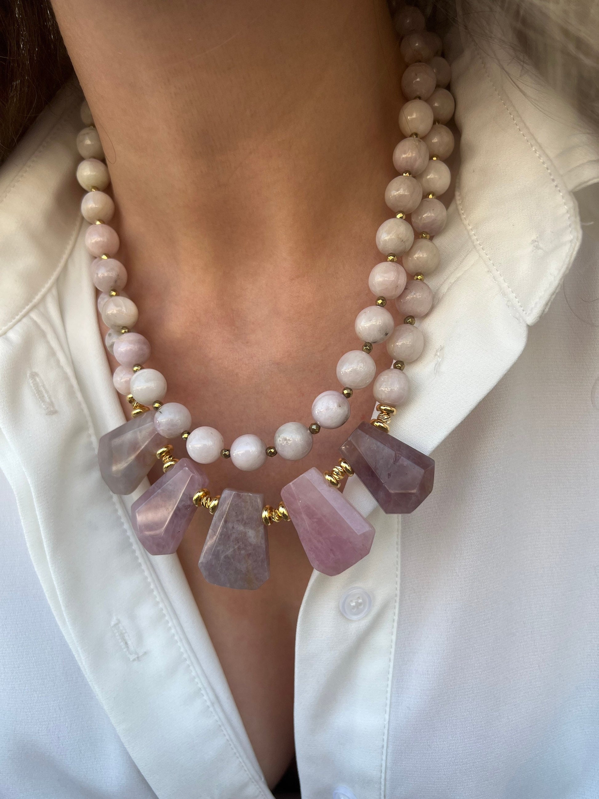 Kunzite Necklace, Big Bold Statement Necklace for Her, Beaded Pink Purple Gemstone Jewelry, Lepidolite Stone Birthday Gift