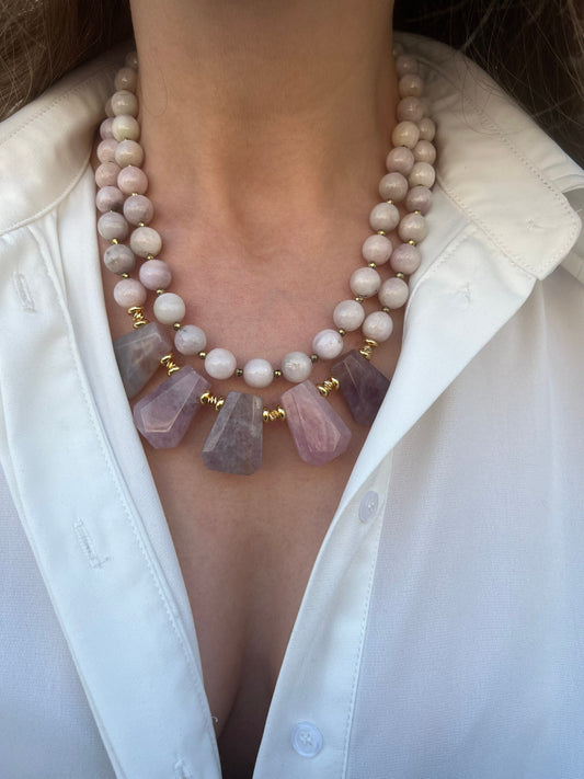 Kunzite Necklace, Big Bold Statement Necklace for Her, Beaded Pink Purple Gemstone Jewelry, Lepidolite Stone Birthday Gift