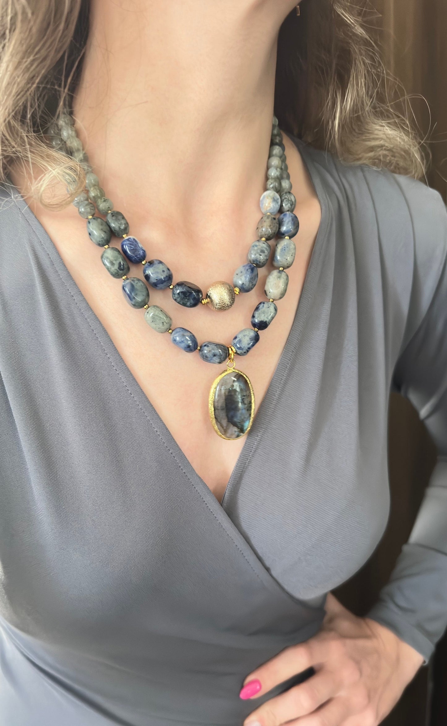 Labradorite Necklace, Gray and Dark Blue Sodalite Necklace, Beaded Handmade Gemstone Jewelry, Sodalite Necklace, Birthday Gift for Women