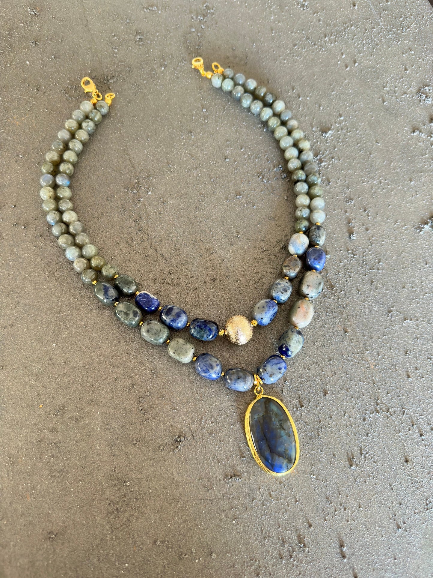 Labradorite Necklace, Gray and Dark Blue Sodalite Necklace, Beaded Handmade Gemstone Jewelry, Sodalite Necklace, Birthday Gift for Women