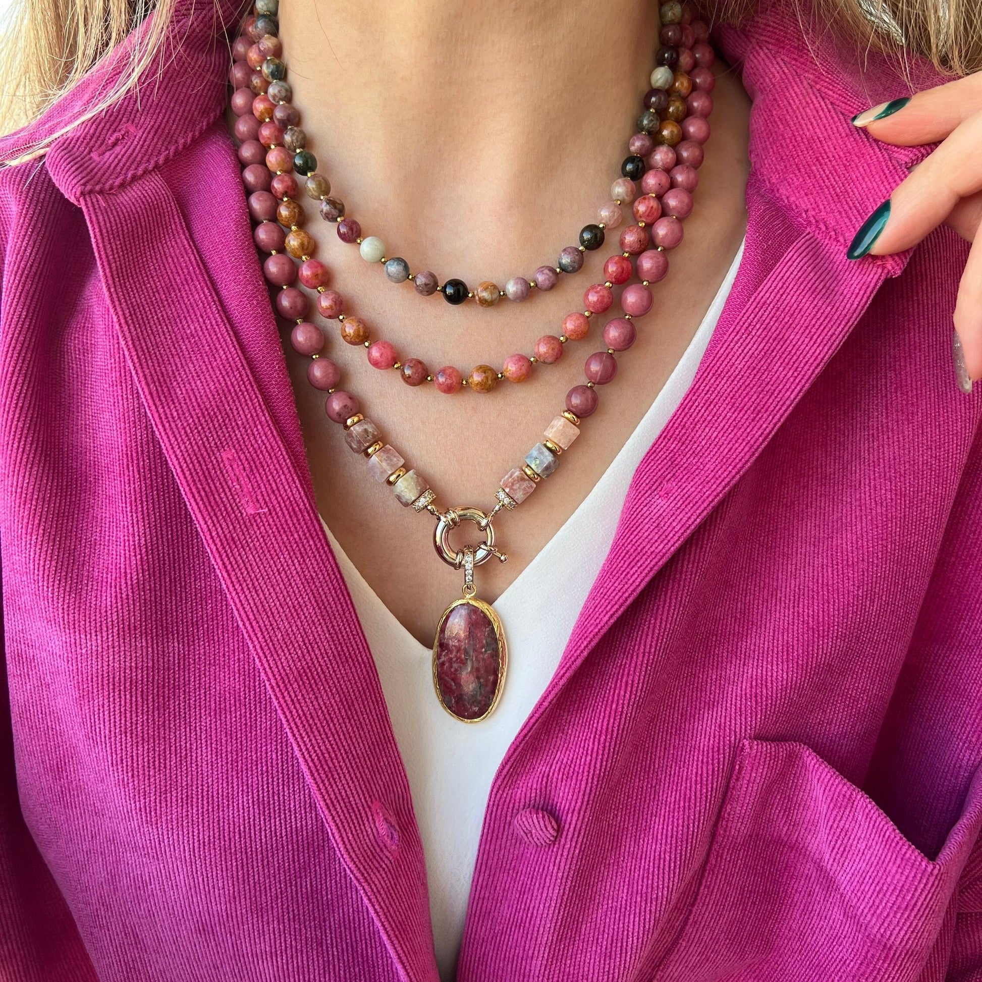Gemstone Necklace, Pink Handmade Jewelry, Beaded Rhodonite and Tourmaline Necklace