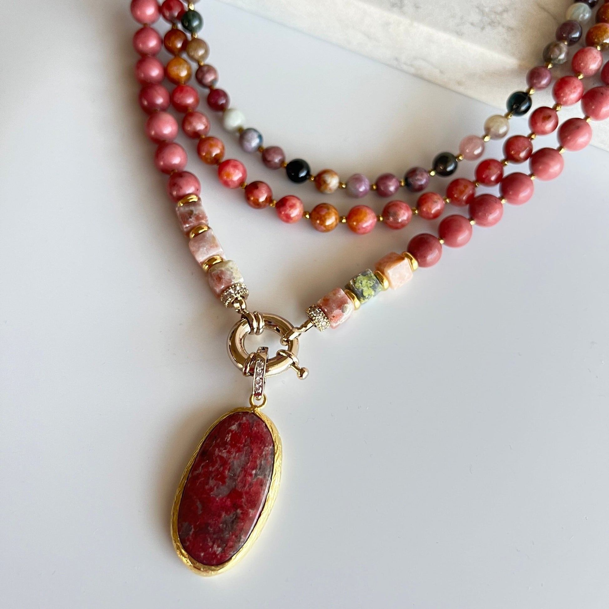 Gemstone Necklace, Pink Handmade Jewelry, Beaded Rhodonite and Tourmaline Necklace