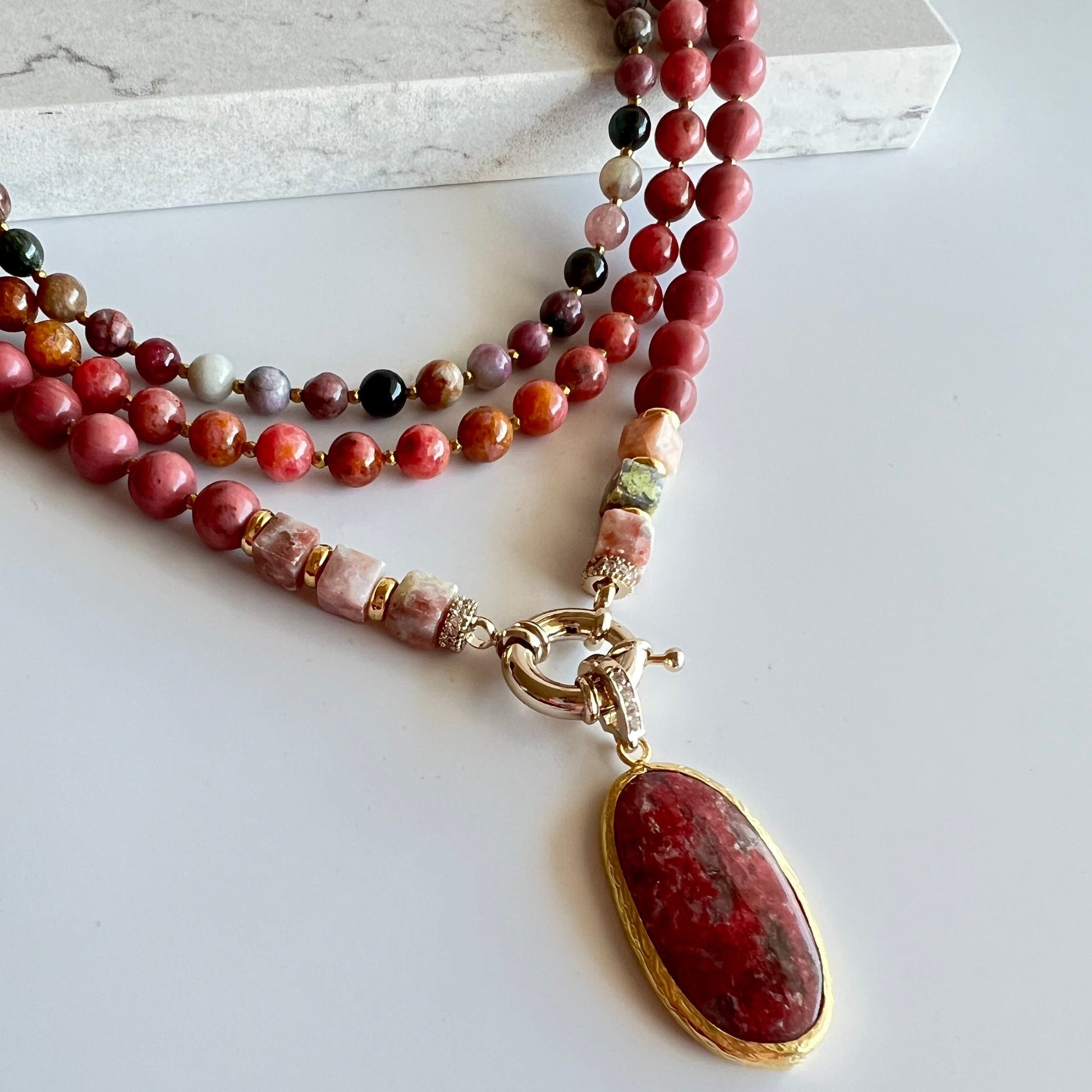 Gemstone Necklace, Pink Handmade Jewelry, Beaded Rhodonite and Tourmaline Necklace