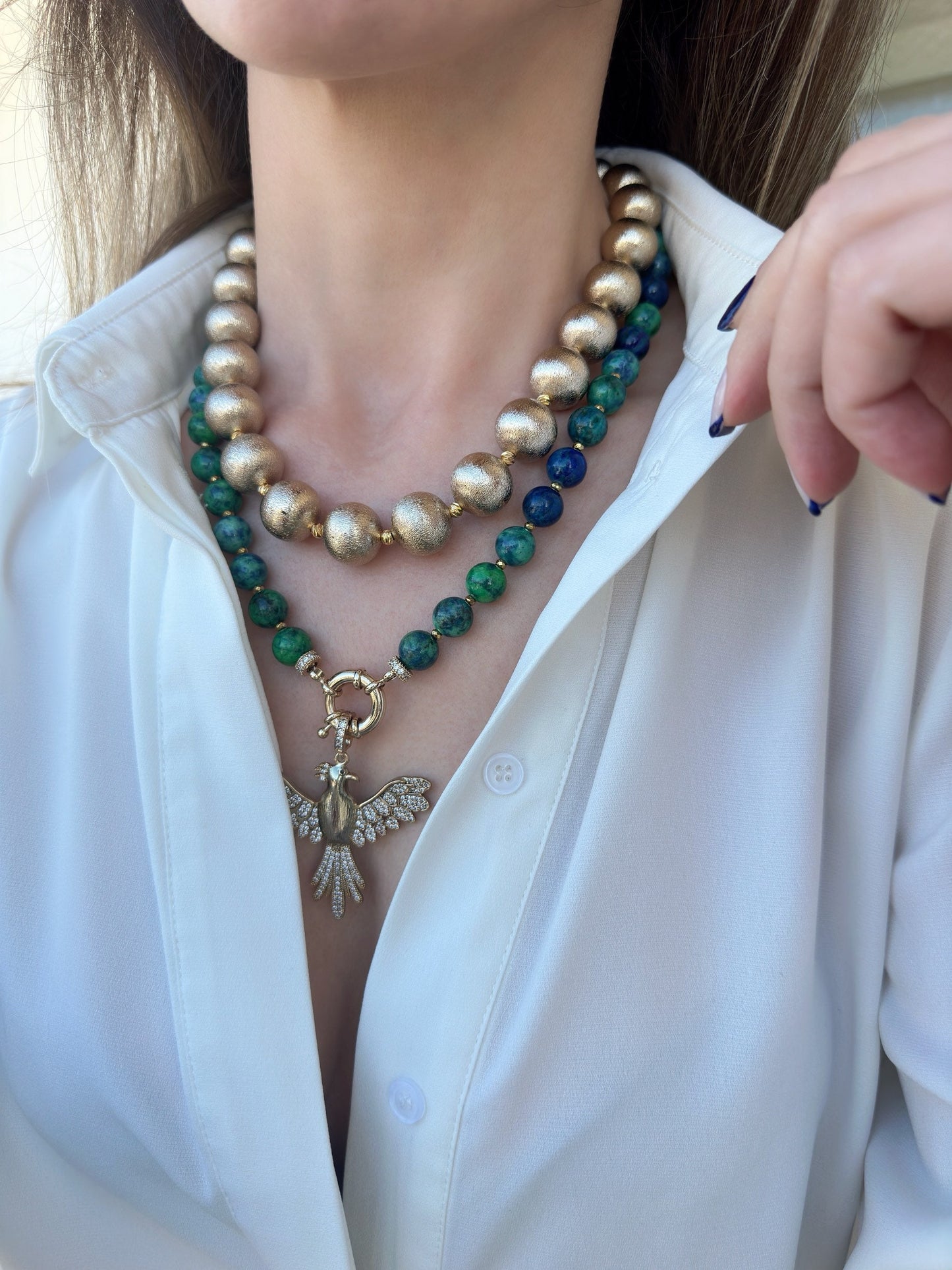 Gemstone Necklace, Big Brass Balls with Azurite Beads, Phoenix Necklace for Birthday Gifts, Handmade Statement Necklace