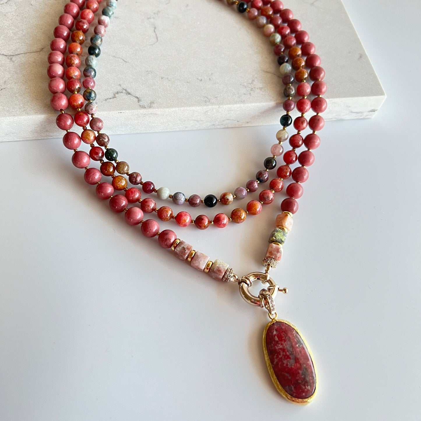 Gemstone Necklace, Pink Handmade Jewelry, Beaded Rhodonite and Tourmaline Necklace