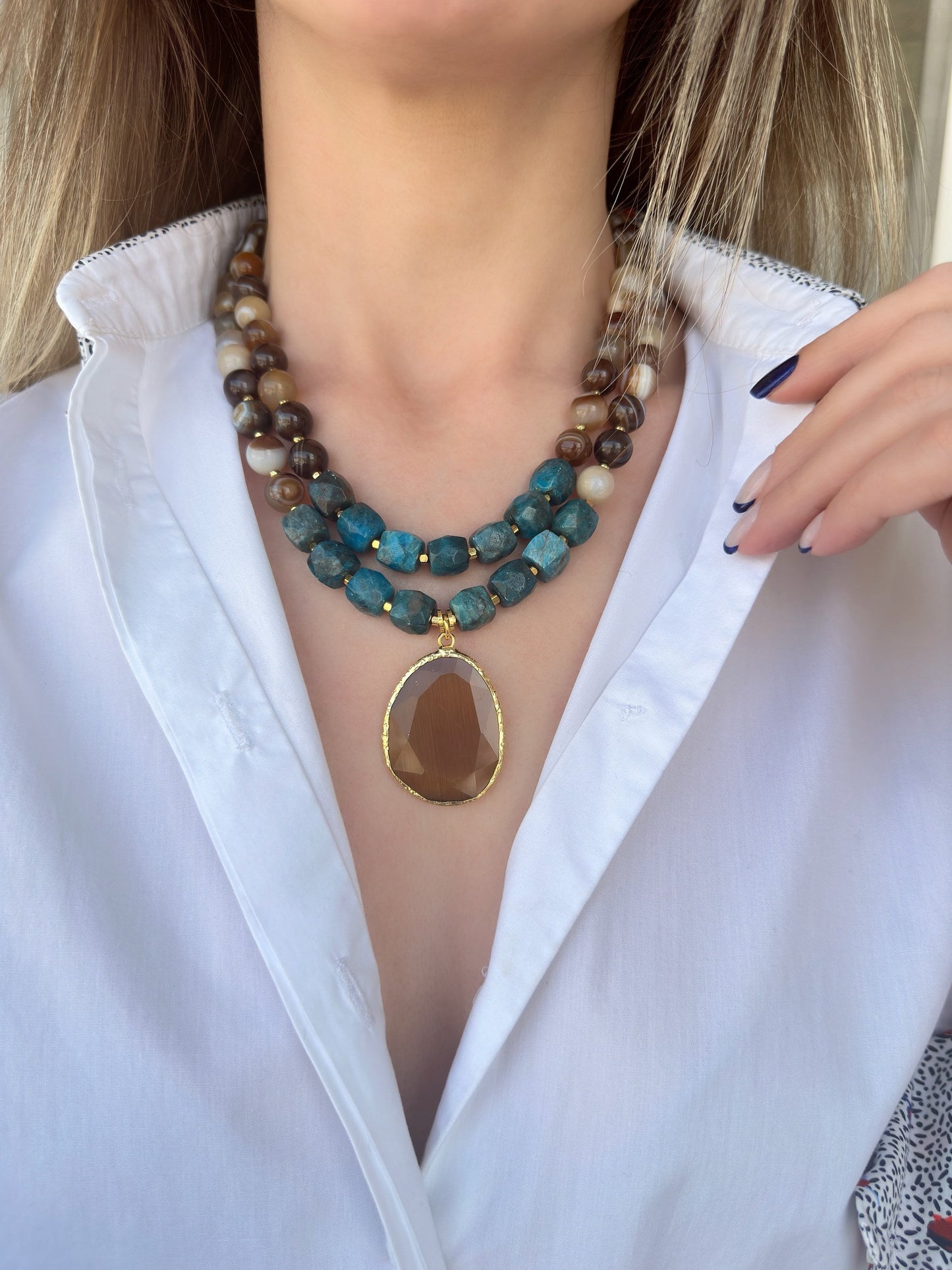 Gemstone Necklace, Beaded Agate and Apatite Jewelry for Women, Handmade Brown Blue Birthday Gift for Women, Unique Design
