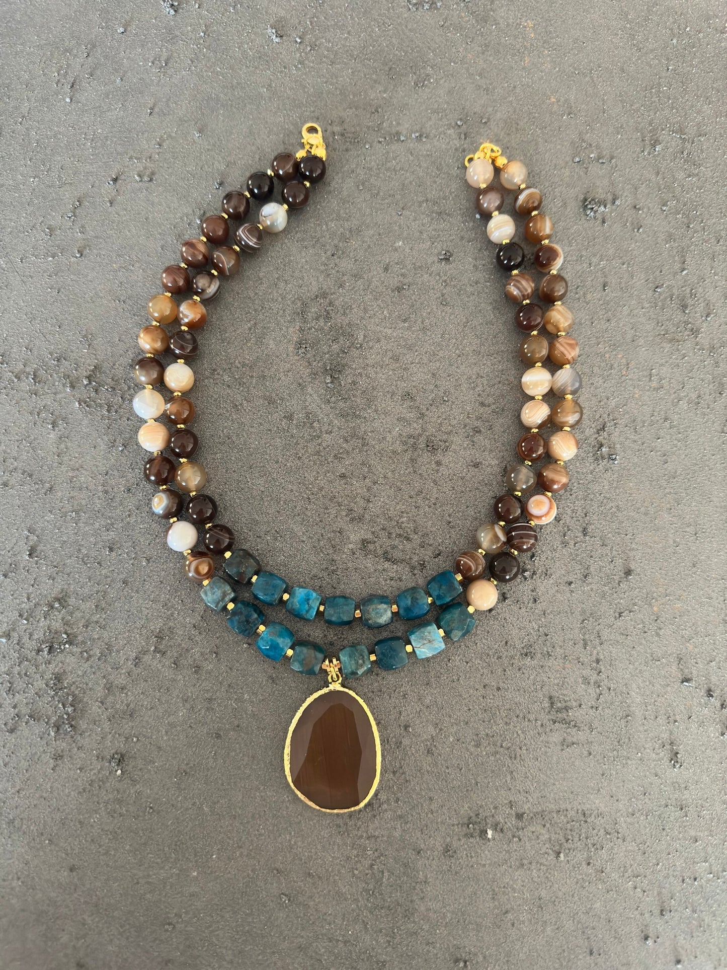 Gemstone Necklace, Beaded Agate and Apatite Jewelry for Women, Handmade Brown Blue Birthday Gift for Women, Unique Design