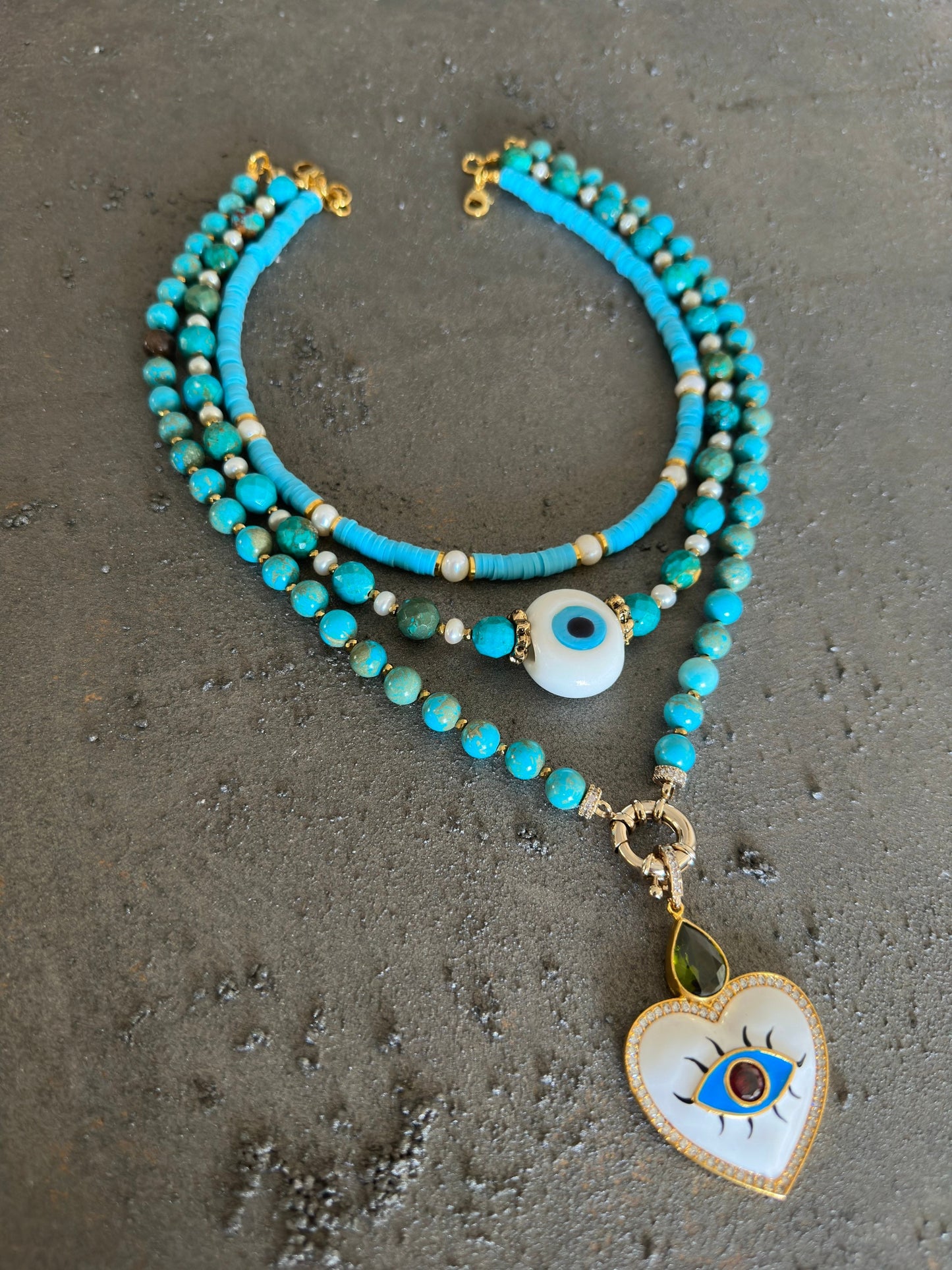 Summer Necklace, Fimo Bead Necklace, Evil Eye Pendant Jewelry for Her, Multistrand Layered Necklace for Gifts