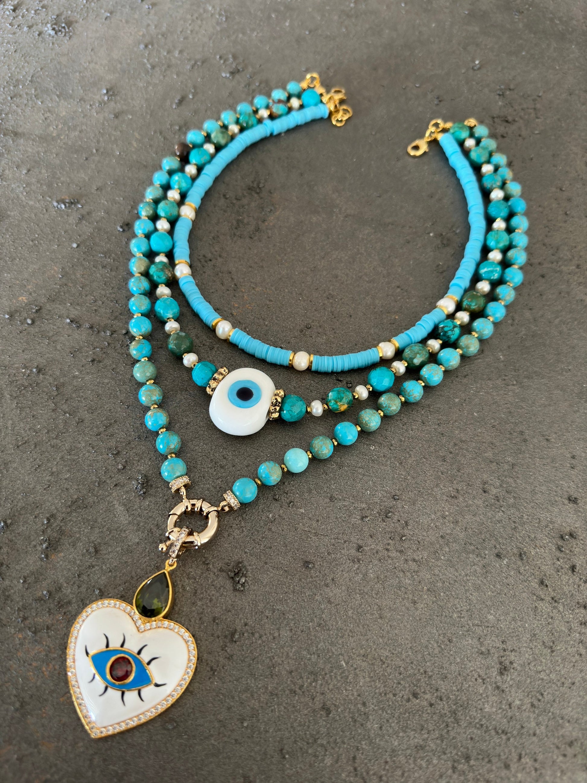 Summer Necklace, Fimo Bead Necklace, Evil Eye Pendant Jewelry for Her, Multistrand Layered Necklace for Gifts