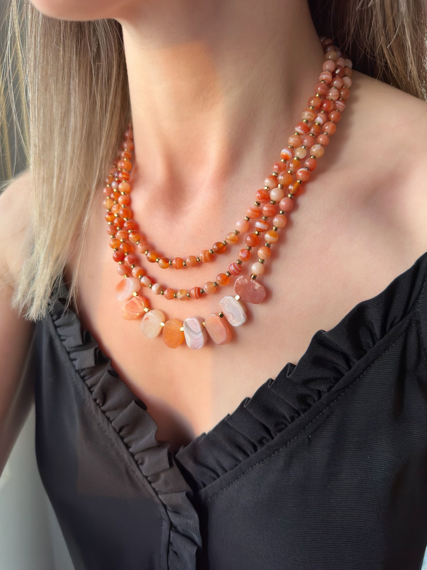 Gemstone Necklace, Multistrand Orange Agate Jewelry, Unique Minimalist Birthday Gift, Beaded Handmade Design