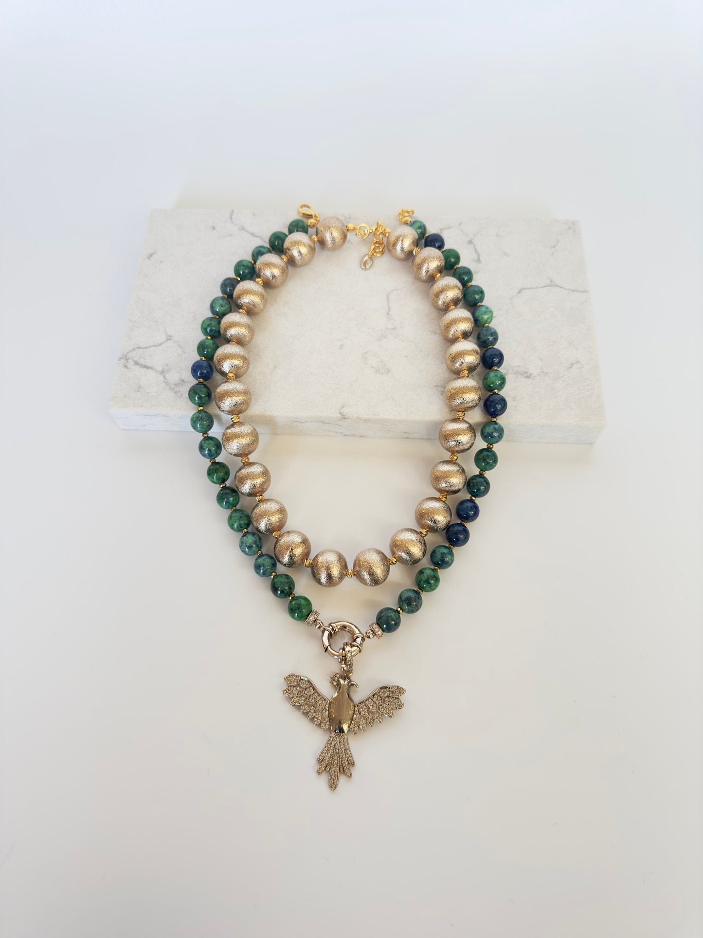 Gemstone Necklace, Big Brass Balls with Azurite Beads, Phoenix Necklace for Birthday Gifts, Handmade Statement Necklace
