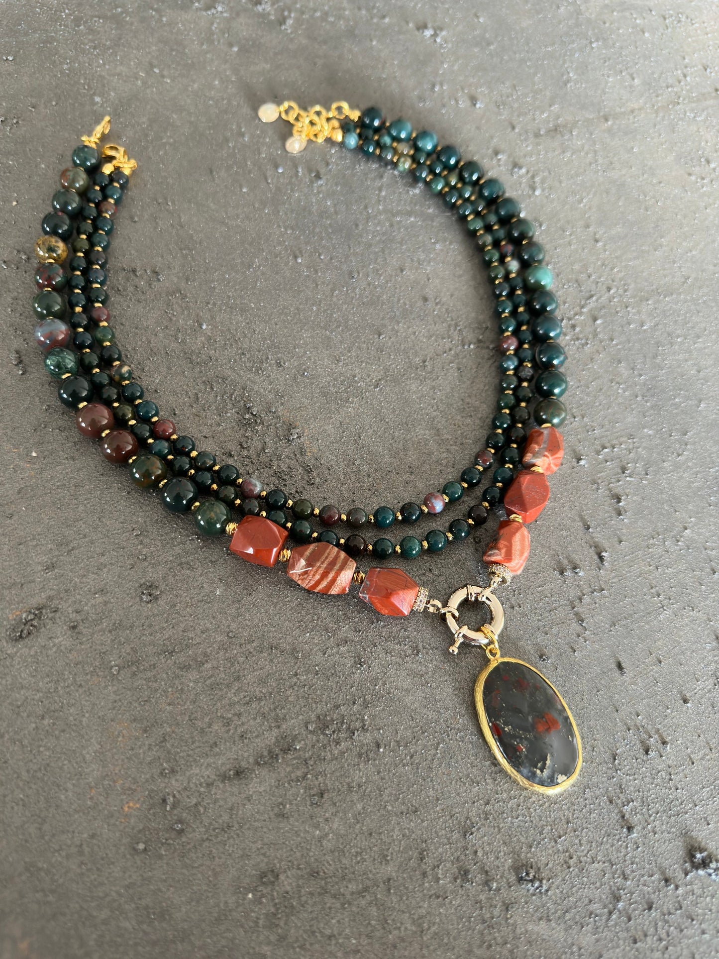 Blood Stone Necklace, Dark Green Multistrand Jewelry for Special Gifts, Handmade Jasper Statement Neclace, Beaded Gemstone Gifts