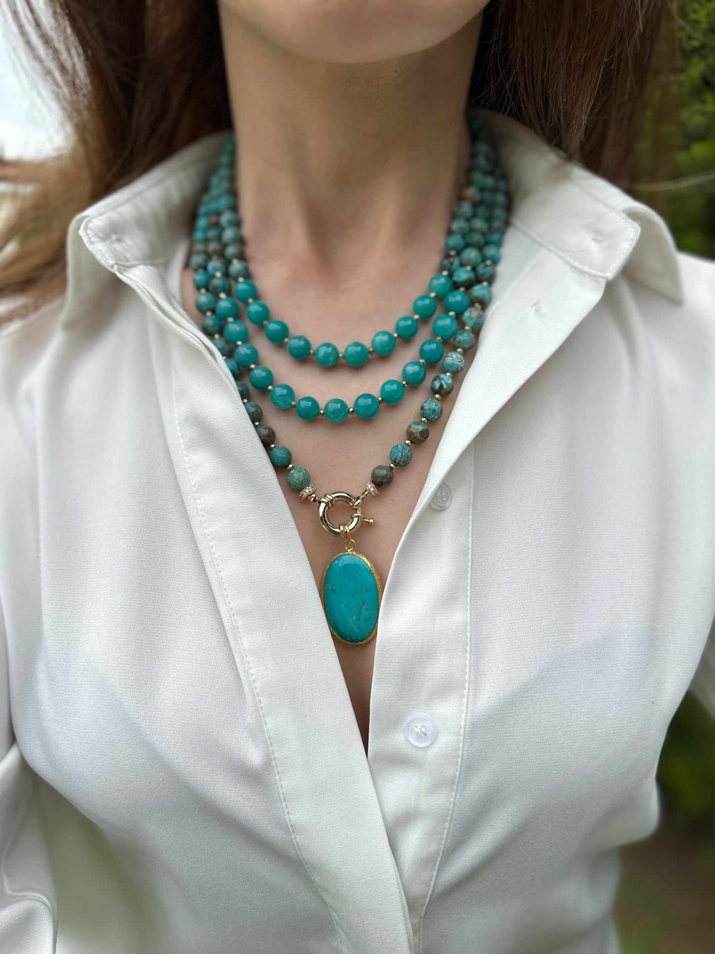 Amazonite and Jasper Necklace, Multistrand Blue Green Gemstones, Handmade Layered Jewelry for Mothers Day Gift, Big Bold Statement Necklace