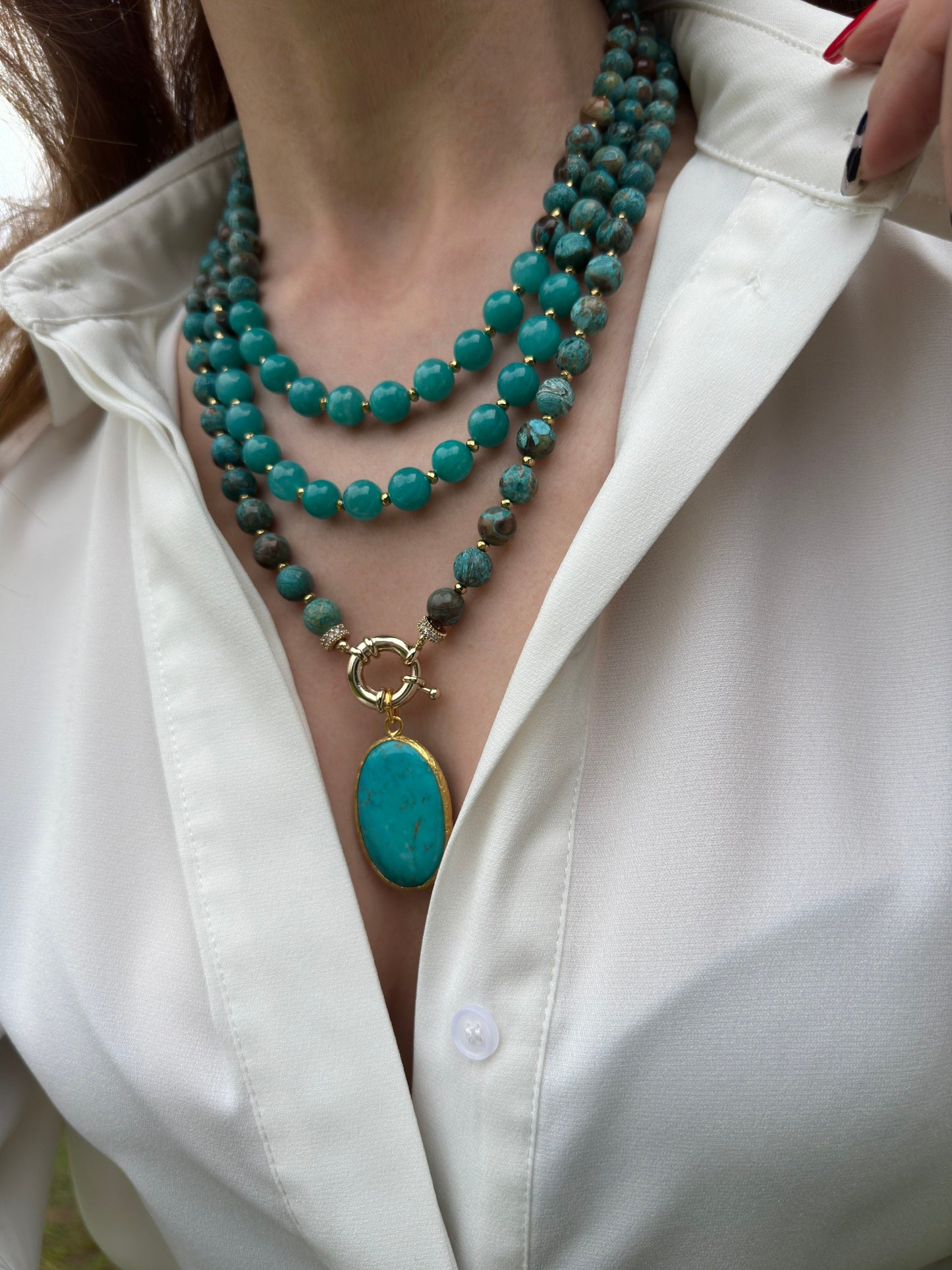 Amazonite and Jasper Necklace, Multistrand Blue Green Gemstones, Handmade Layered Jewelry for Mothers Day Gift, Big Bold Statement Necklace
