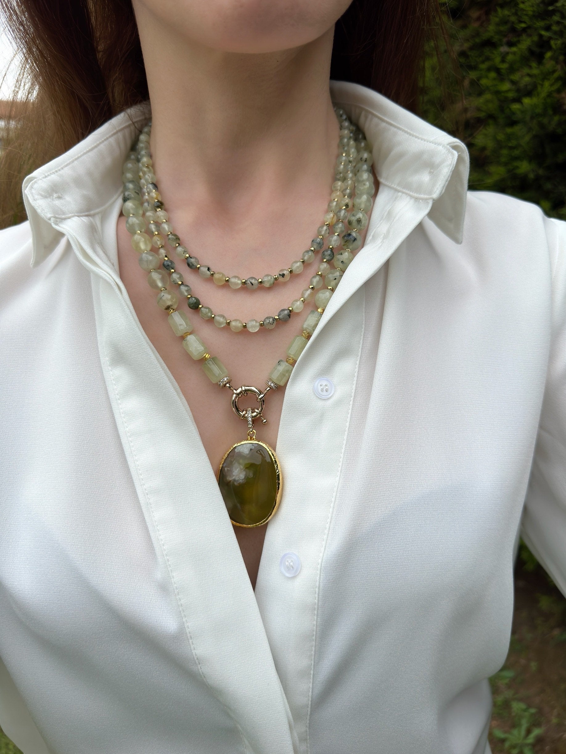 Prehnite Necklace, Multistrand Statement Necklace for Women, Handmade Gemstone Jewelry, Mom Birthday Gifts, Green Beads
