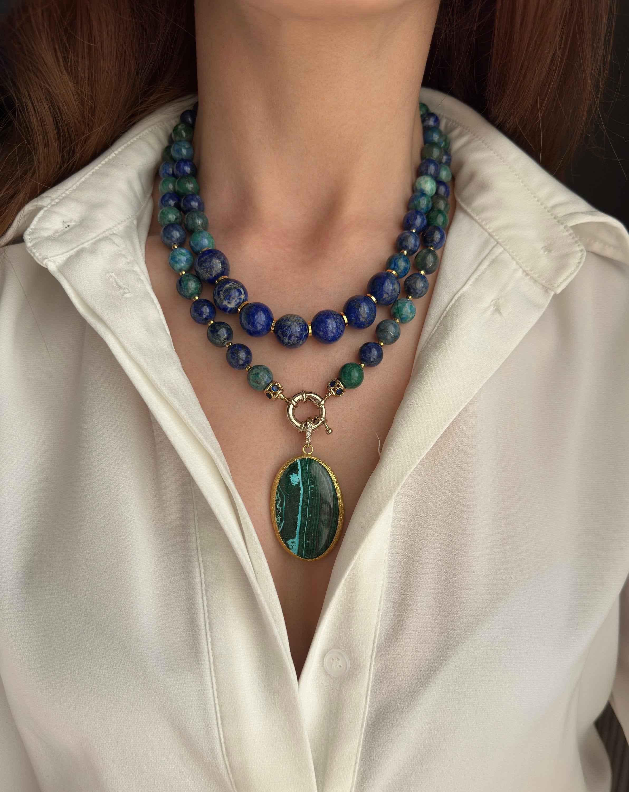 Blue gemstone antique golden beaded necklace set at ₹2950 | Azilaa