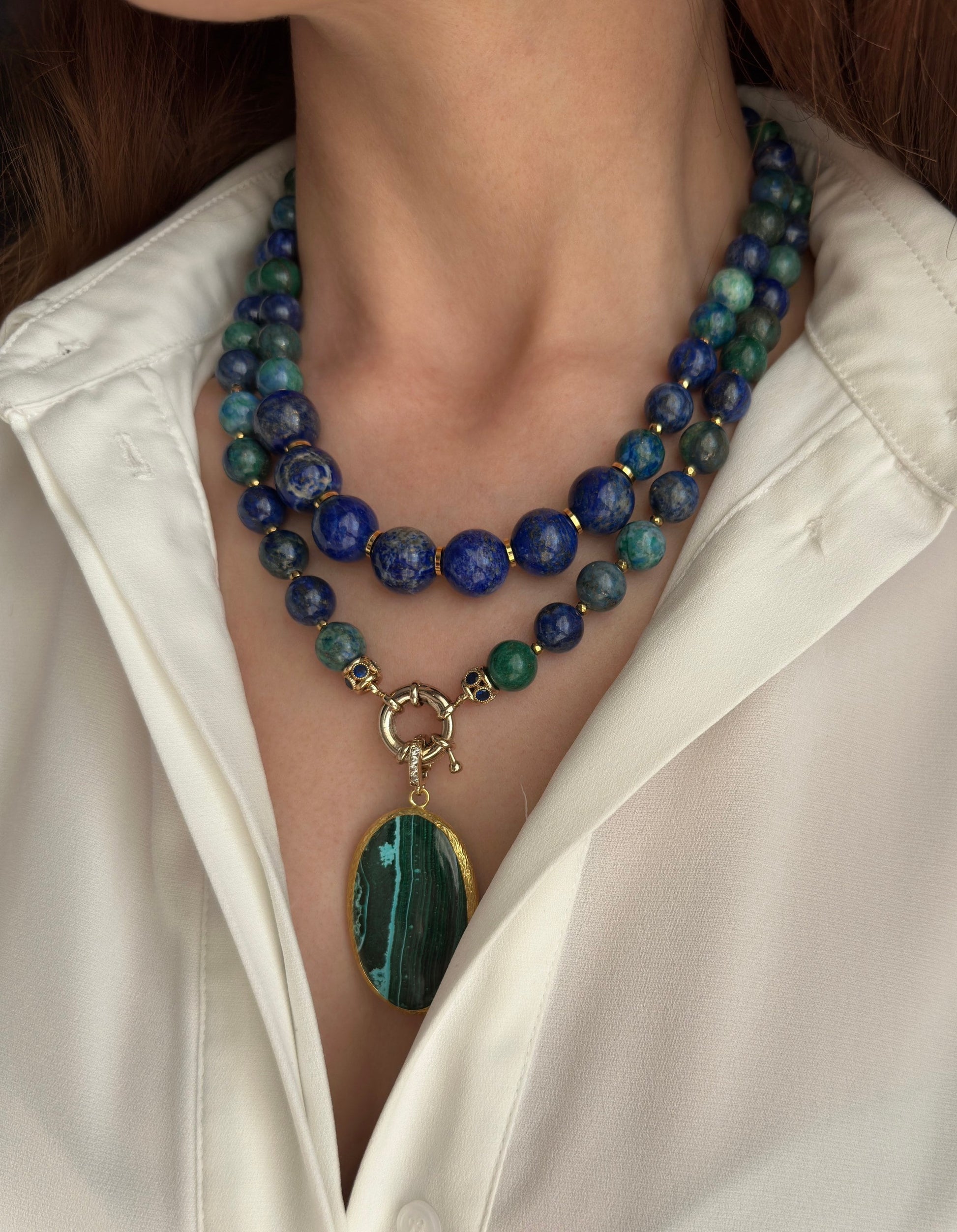 Azurite Necklace, Beaded Lapis Lazuli Jewelry for Women, Green and Blue Gemstone Necklace for Her, Anniversary gift