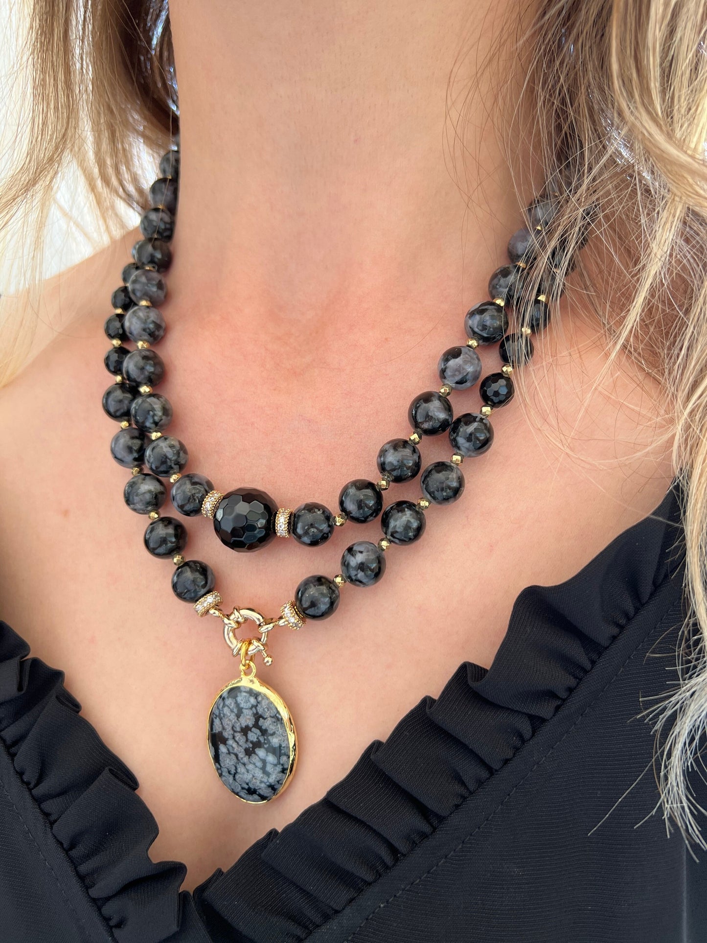 Obsidian Necklace, Beaded Black and Grey Gemstone Necklace, Onyx Jewelry, Birthday Gift, Scorpio Necklace, Handmade Statement Necklace