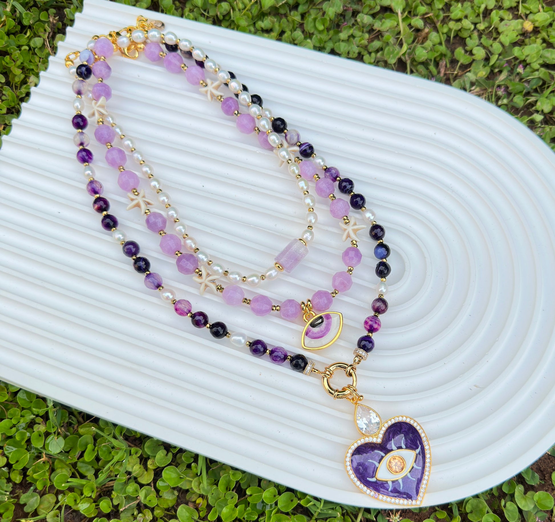 Evil Eye Necklace, Pearl and Agate Jewelry, Purple Multistrand Gemstone Necklace, Birthday Gift, Protection Necklace, Summer Jewelry