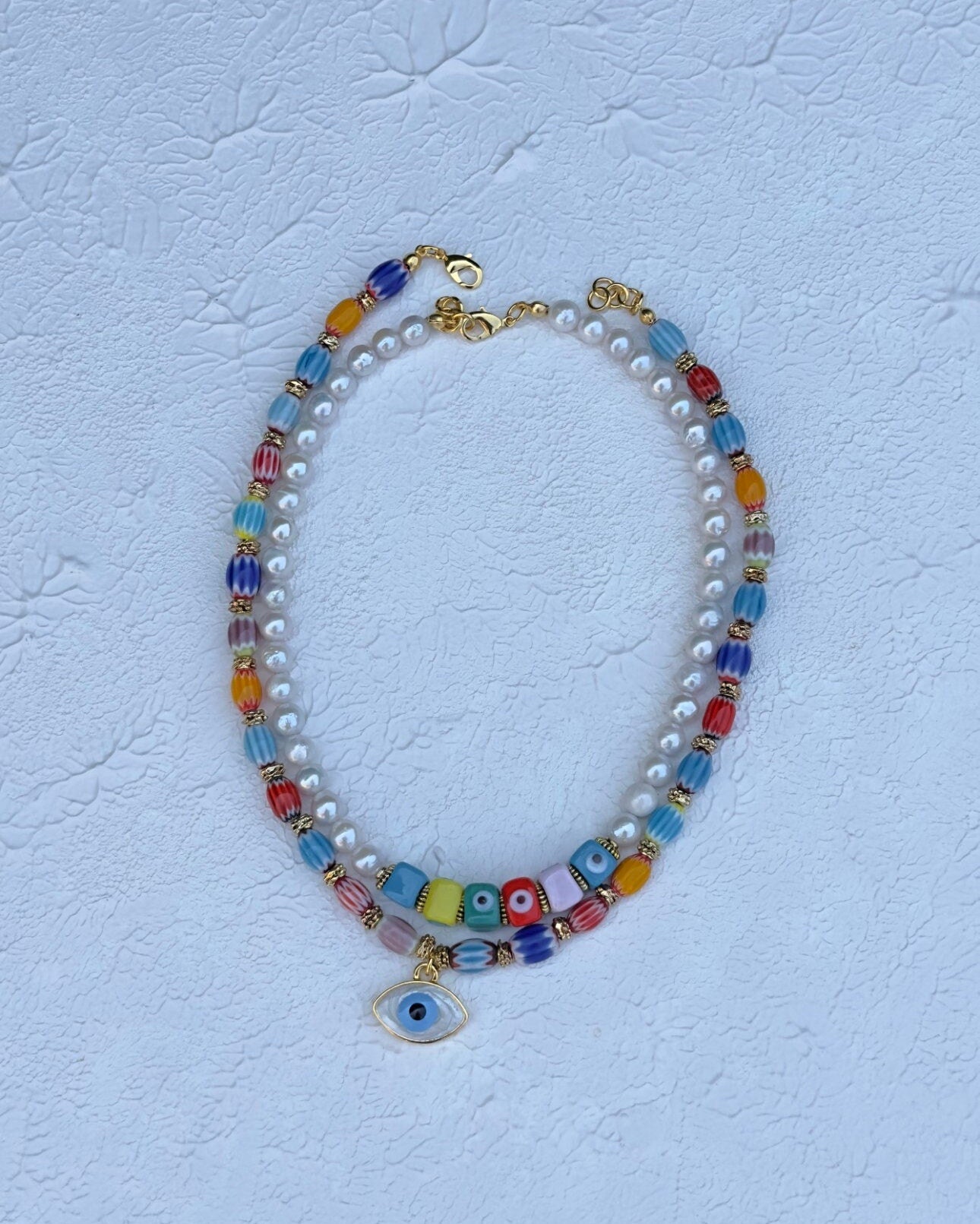 Pearl Necklace, Evil Eye Summer Jewelry, Birthday Gift for Friend, Colorful Handmade Necklace, Statement Jewelry